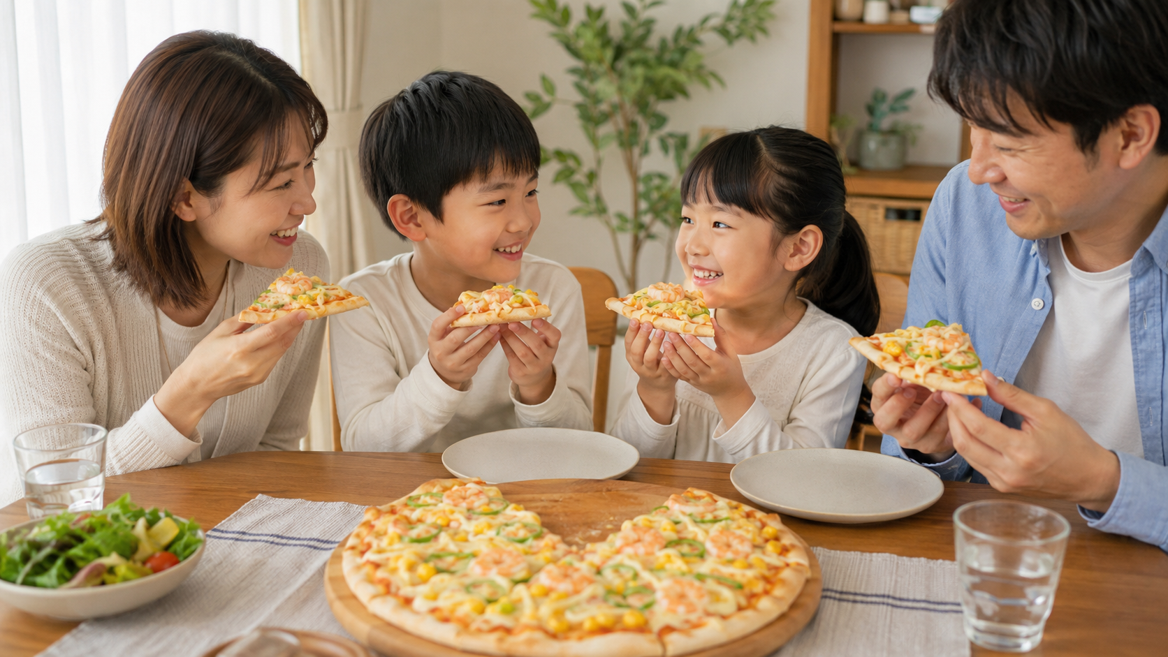 日本人家族がえび・コーン・ピーマン入りのマヨシュリンプピザを食卓で楽しむ写真