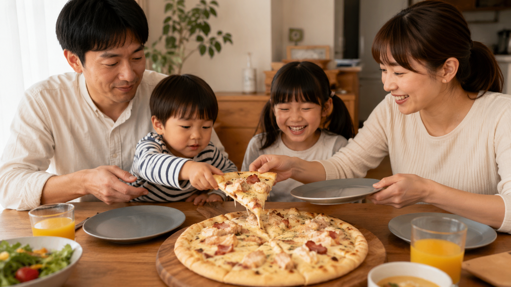 日本人家族がホワイトソースのチキンベーコンピザを食卓で楽しむ様子