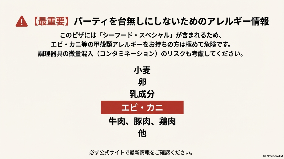 シーフード・スペシャルに含まれるエビ・カニ等の甲殻類アレルギーに関する重要な注意喚起スライド。