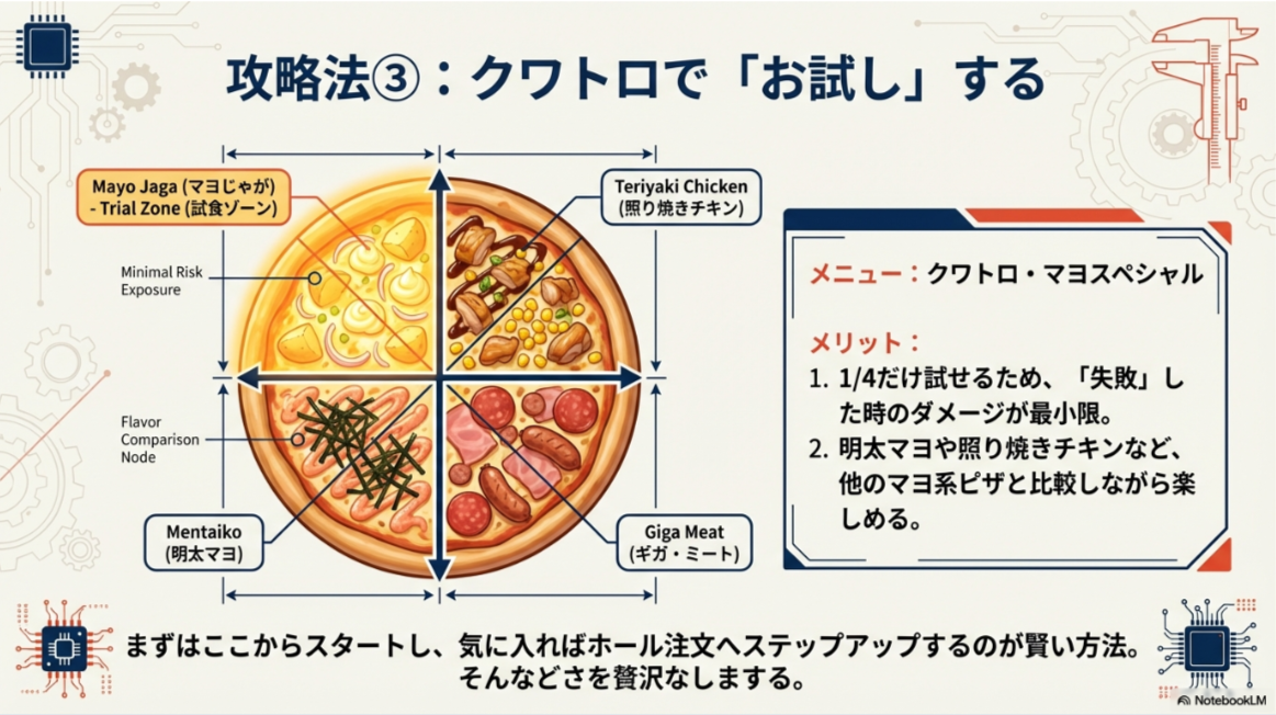 クワトロピザの1/4をマヨじゃがにすることで、リスクを最小限に抑えて試食できることを示すマインドマップ風の図。