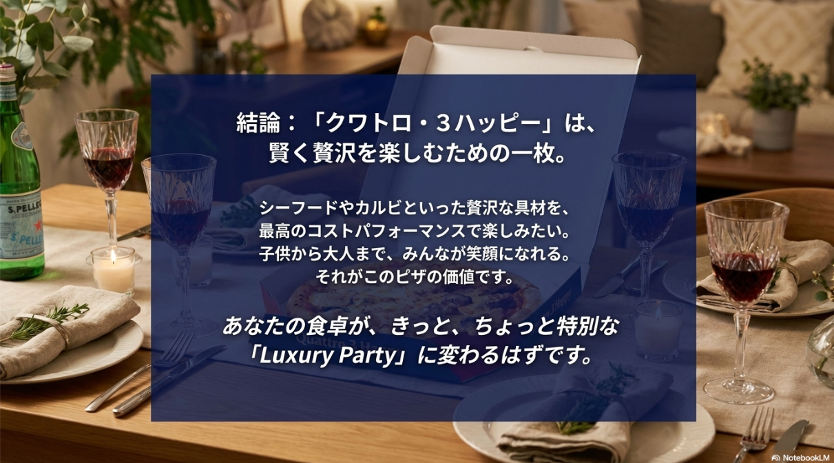 「賢く贅沢を楽しむための一枚」という結論と、パーティの雰囲気を演出するイラスト。