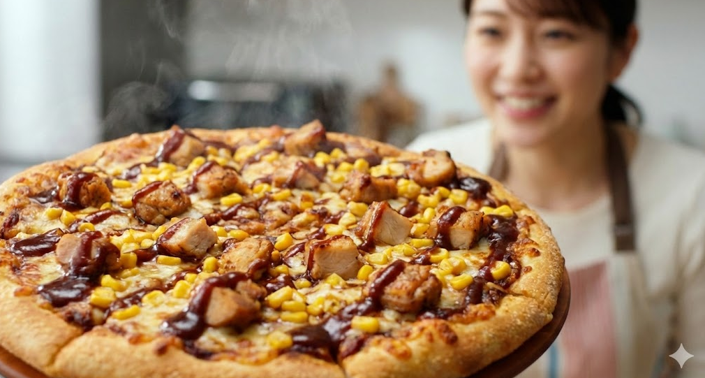ドミノピザ「ニューオーリンズBBQチキン」の焼きたての様子。たっぷり乗ったローストチキンとコーン、濃厚なBBQソースが食欲をそそる。