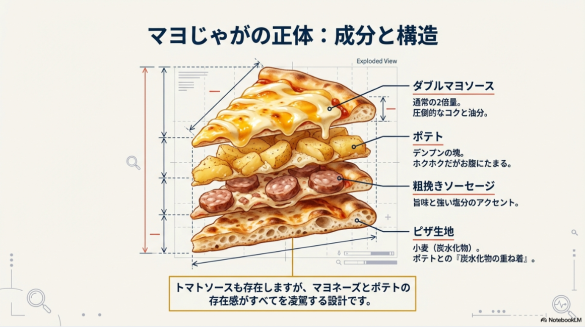 マヨじゃがピザを層ごとに分解した図。上からダブルマヨソース、ポテト、ソーセージ、トマトソース、ピザ生地の順に重なっている。