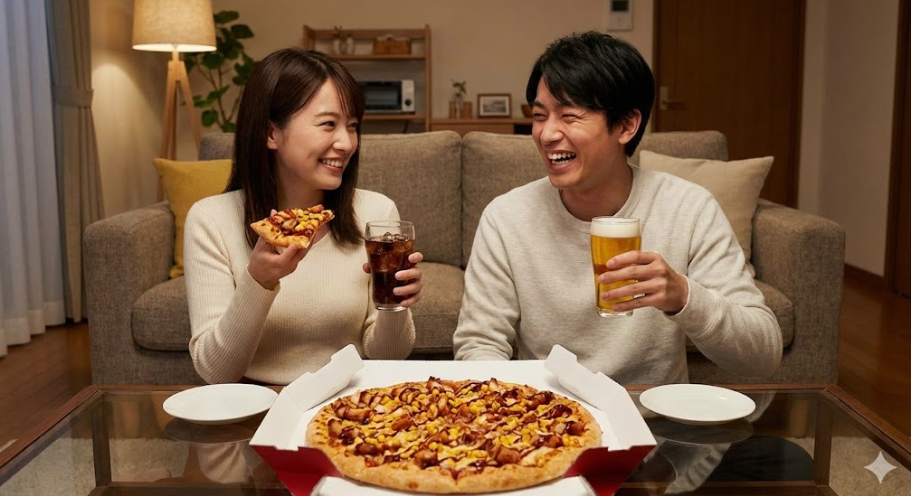 自宅でドミノピザ「ニューオーリンズBBQチキン」とビール、コーラを一緒に楽しむ日本人の男女の様子。
