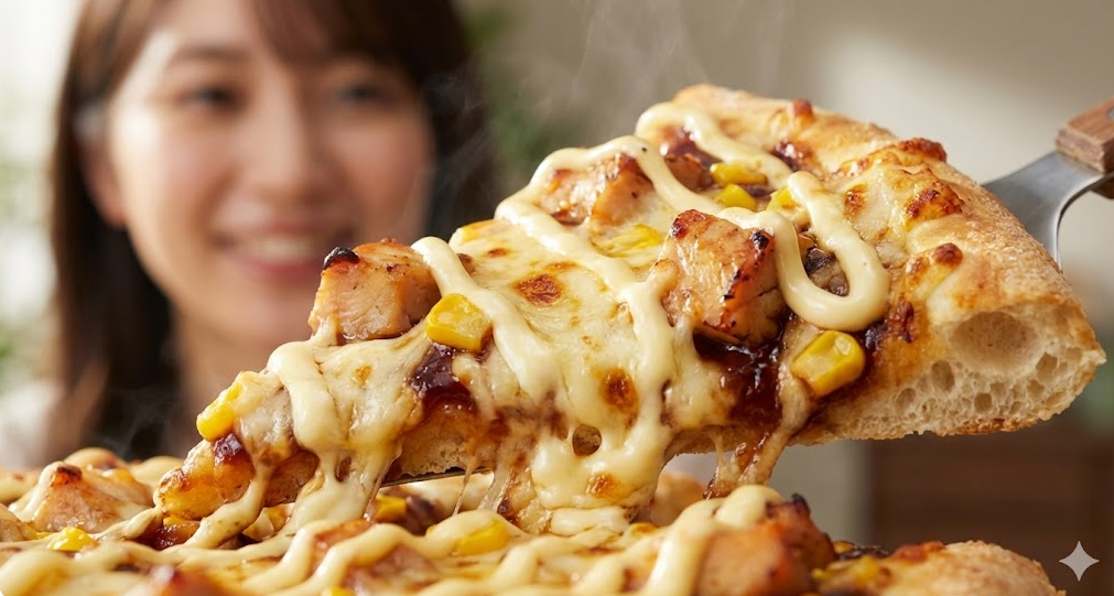 マヨネーズをたっぷりとトッピングして焼き上げたドミノピザ「ニューオーリンズBBQチキン」の1ピース。濃厚でクリーミーな味わいが想像できる。