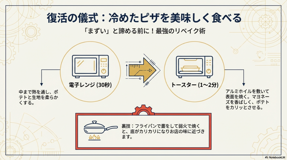 電子レンジで30秒加熱した後にトースターで1〜2分焼く、冷めたマヨじゃがを美味しくする手順のイラスト。