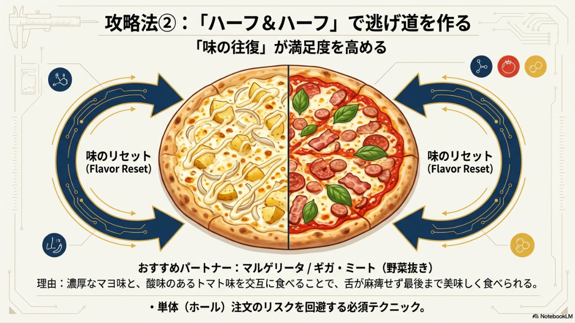 マヨじゃがとトマトベースのピザを半分ずつ組み合わせ、味を交互に変えることで最後まで美味しく食べられることを示す図解。