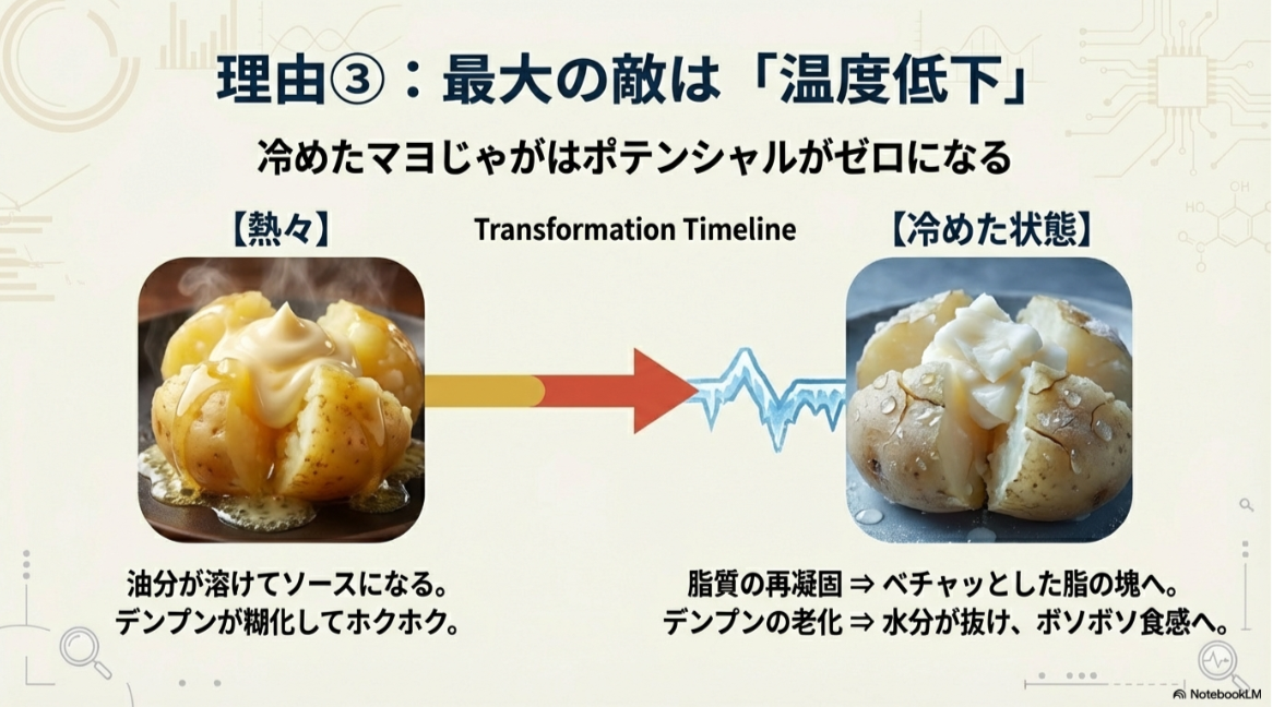 熱々のホクホクしたジャガマヨと、冷めて脂が固まりボソボソになったジャガマヨの比較写真。
