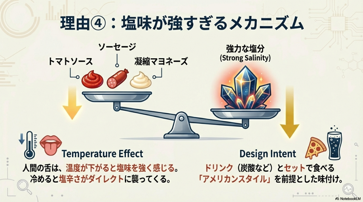 天秤の左側にトマトソースやマヨネーズ、右側に「強力な塩分」の結晶が乗っており、温度が下がると塩味を強く感じることを示すイラスト。