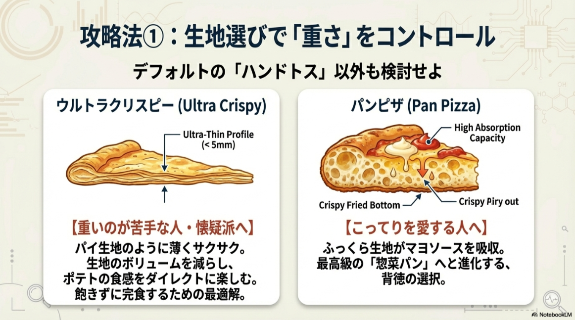 薄いウルトラクリスピー生地（5mm未満）と、厚みがありソースを吸収するパンピザ生地の断面比較。