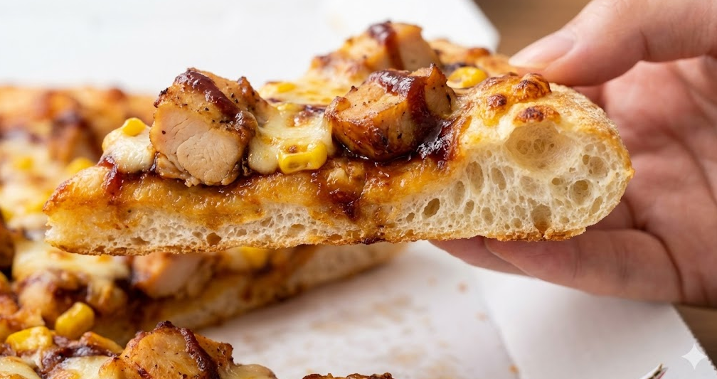 ドミノピザ「ニューオーリンズBBQチキン」のパンピザ生地の断面アップ。ふっくらとした厚みとカリッとした底面が特徴。