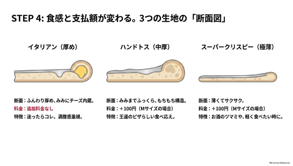 ピザーラのイタリアン、ハンドトス、スーパークリスピーの厚さ、耳の形、食感、追加料金を断面図で比較