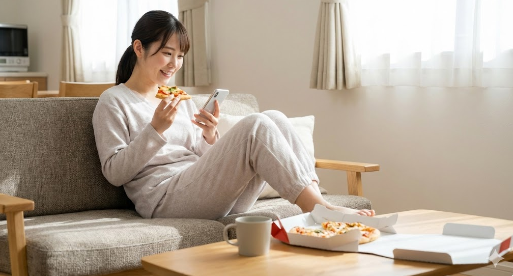片手でSサイズのピザを持ち、もう片方の手でスマートフォンを操作しながらリラックスして食事を楽しむ日本人女性の様子