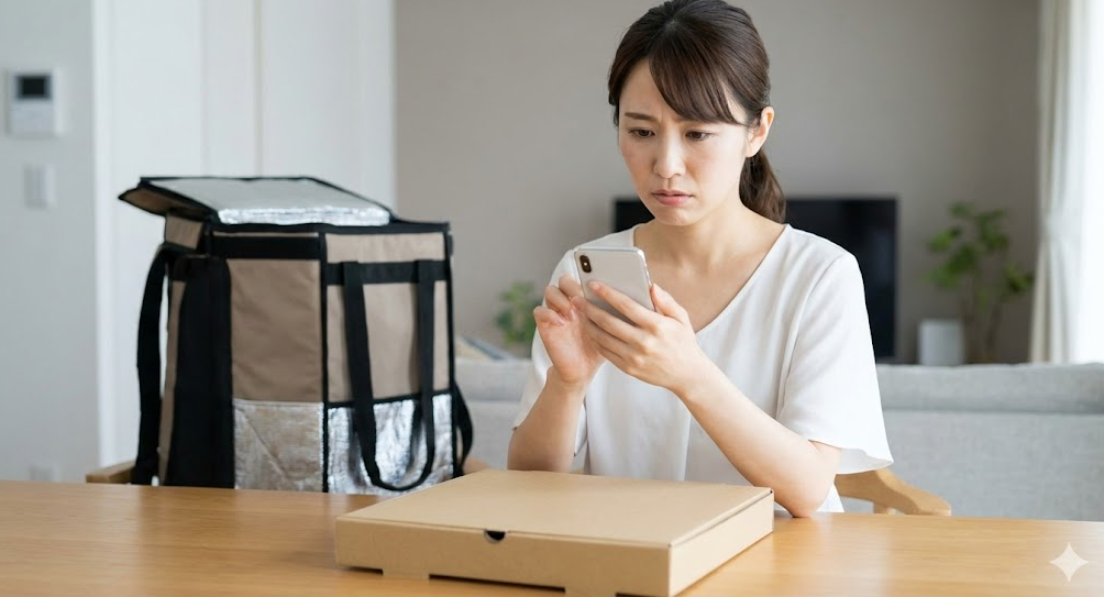 スマートフォンのUber Eatsアプリ画面。過去の注文履歴にドミノピザの注文が表示されており、「View receipt（領収書を表示）」のオプションがある。