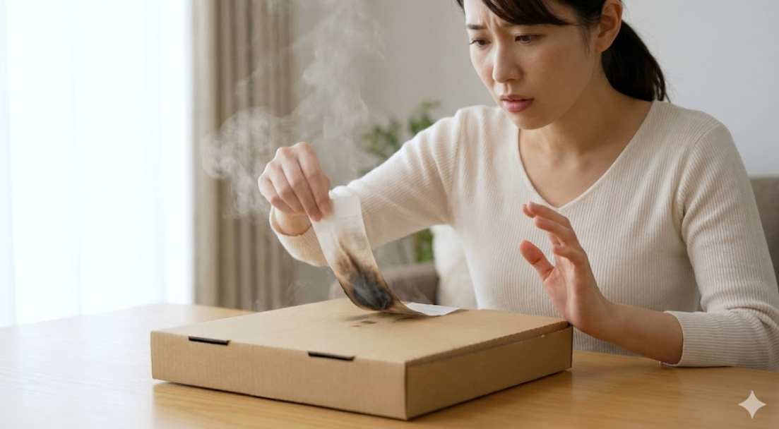 熱々のドミノピザの箱の上に置かれた感熱紙レシートが、熱で黒く変色し、文字が読み取れなくなっている様子。