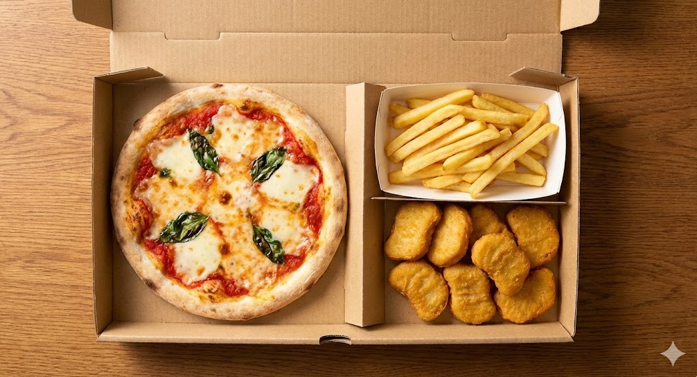 長方形のボックス内に直径18cmほどの小型ピザと、サイドメニューのポテト・ナゲットが綺麗に収まった、おひとり様用ピザセットの俯瞰図