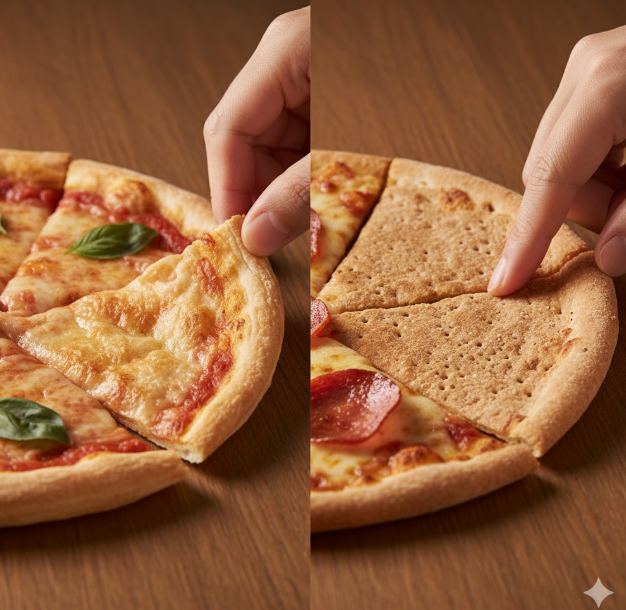 日本人の指が、パイ生地やクラッカーのように薄いウルトラクリスピーピザの端を軽く持ち、その薄さを強調している様子