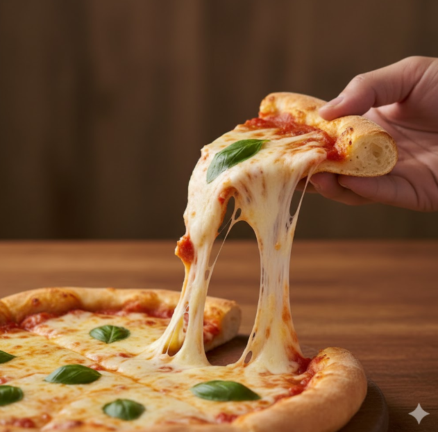 ピザのミミ(クラスト)から、とろけるチーズが長く伸びている様子を日本人の手が持ち上げているクローズアップ