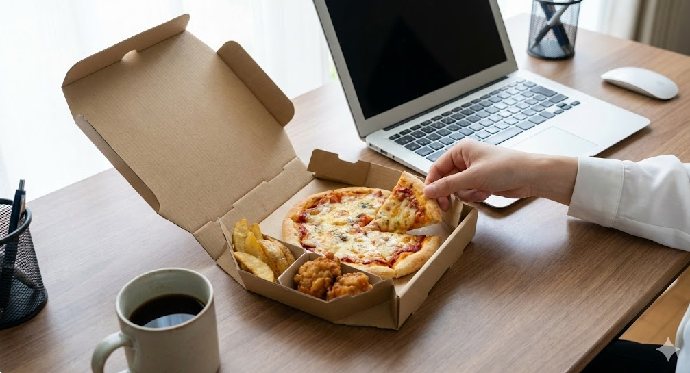 オフィスのデスク上で、ノートパソコンの横に置かれたコンパクトなピザBENTO（お弁当箱サイズ）のランチ風景