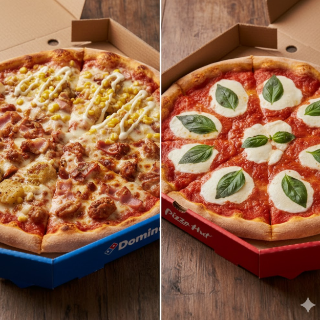 バランスの取れた王道のマルゲリータピザ（ピザハットを象徴）と、マヨネーズやポテトが乗ったインパクトの強いピザ（ドミノを象徴）の比較