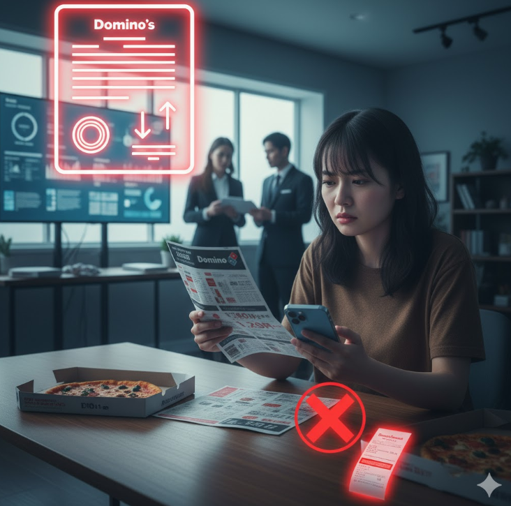 価格表示問題に関する法的な措置命令を象徴する、公式書類(文字なし)とピザの箱(ロゴなし)、そして法廷の小槌。