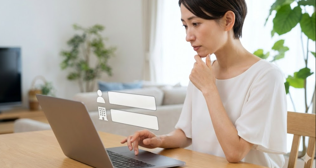 オフィスでPCに向かうアジア人男性が、ドミノピザの領収書発行画面で宛名入力欄を指差し、会社名を入力しようとしている様子。