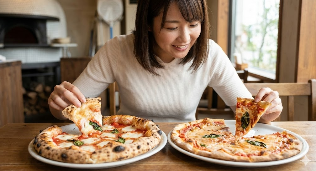 ナポリ風ピザ（左：縁が厚くもちもち）とローマ風ピザ（右：薄くてサクサク）の生地断面の比較写真。