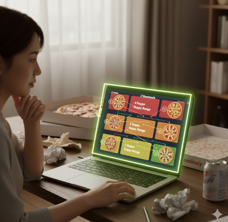 シンプルなピザから具だくさんの豪華なピザまで、4種類の異なるピザが価格ランク(ハッピーレンジ)順に並べられている様子。