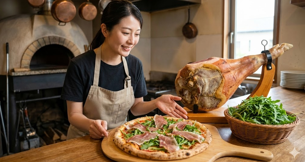 新鮮なベビーコーンルッコラの葉と、薄くスライスされたイタリア産生ハム（プロシュート）のクローズアップ写真。