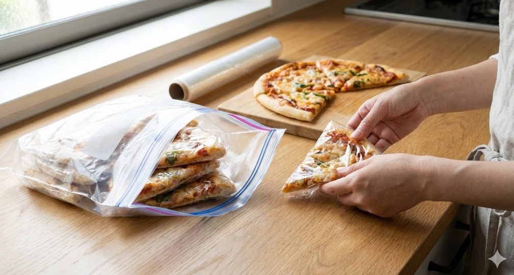 余ったピザを1切れずつ丁寧にラップで包み、ジッパー付きの保存袋に入れて冷凍保存の準備をしている手元の様子