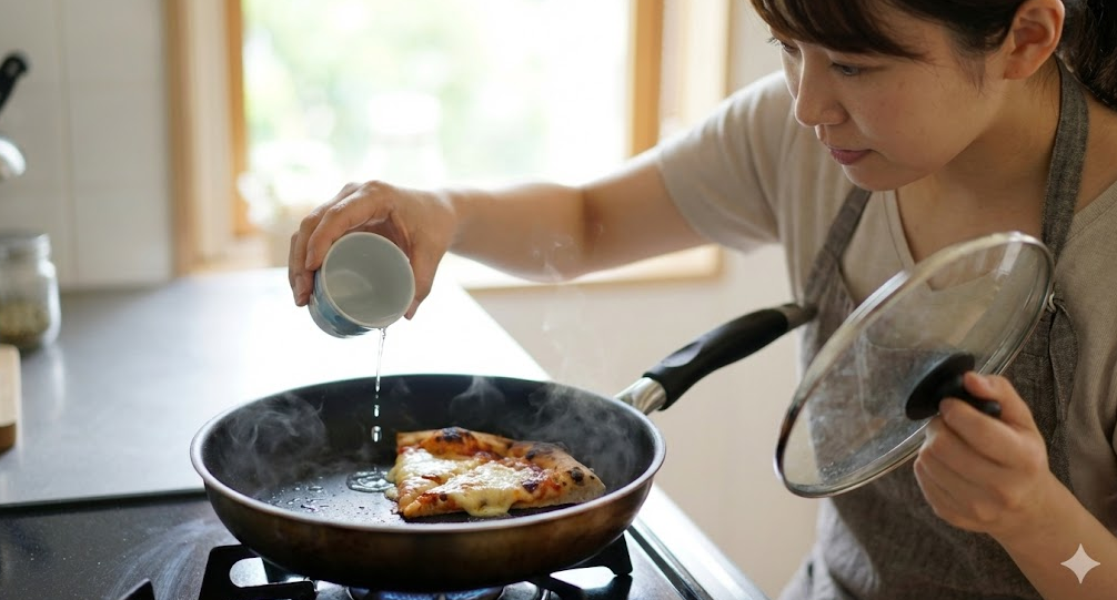 フライパンで冷めたピザを温め直す際、少量の水を加えて蒸し焼きにする手順の様子。