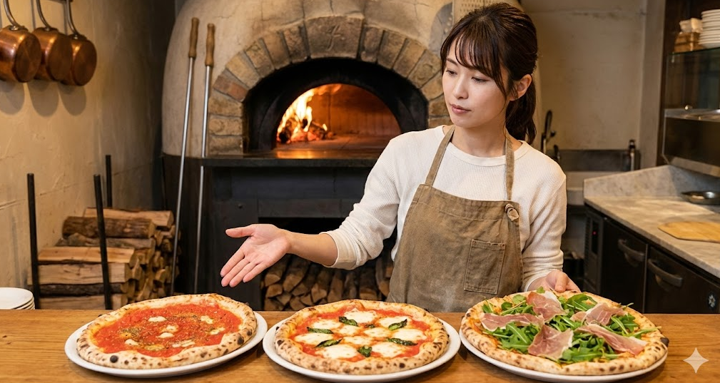 伝統的な薪窯（石窯）でピザを焼くイタリア人のピッツァ職人の様子。