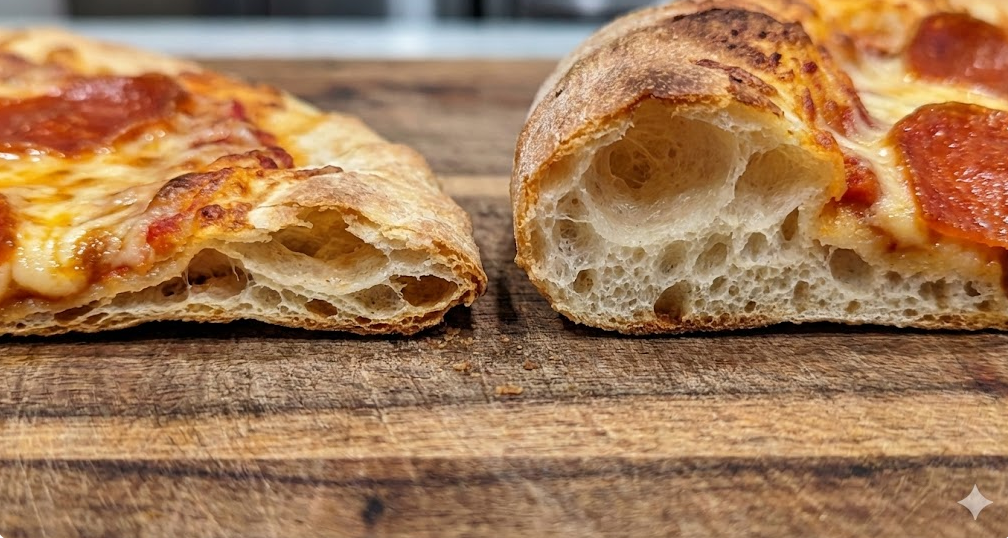 薄くてサクサクしたクリスピー生地のピザ断面と、厚みがありふっくらとしたパン生地のピザ断面の比較アップ画像