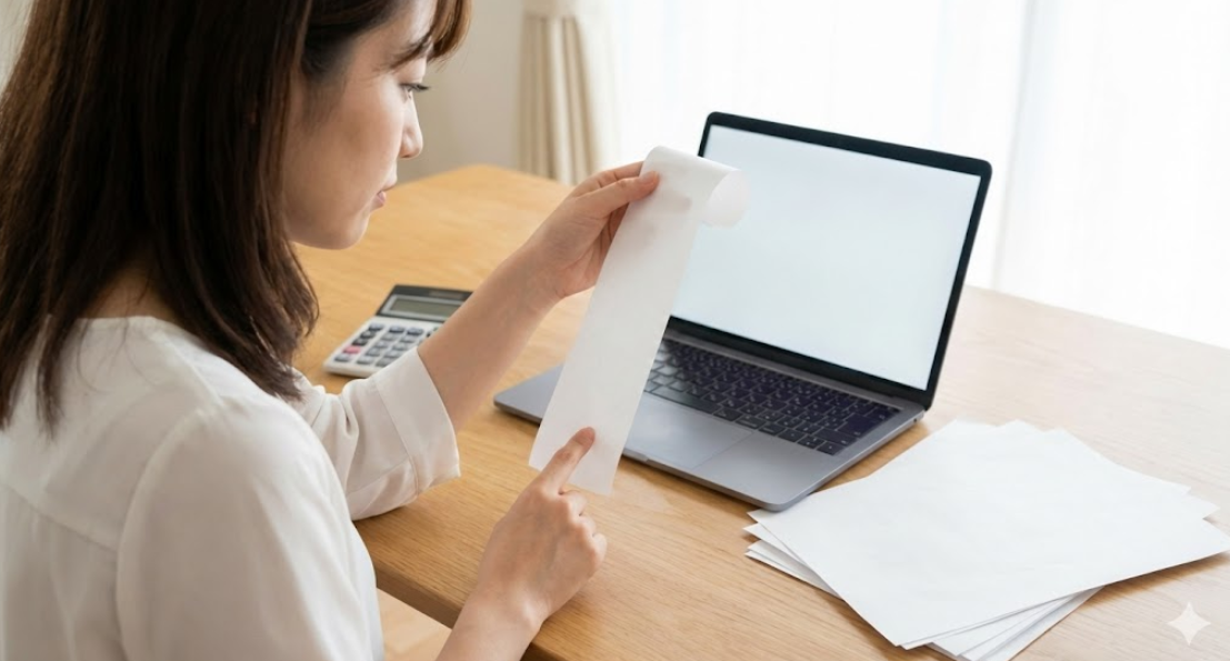 代替テキスト(alt): 　　- ドミノピザの長い感熱紙レシートのクローズアップ。レシート下部に印字された「T」から始まるインボイス登録番号を指で指し示している様子。