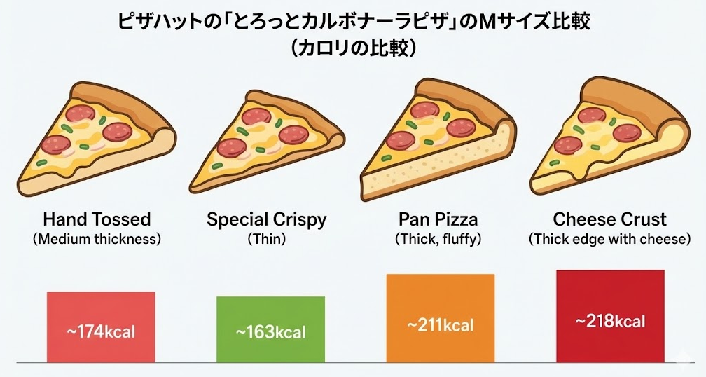 ピザハットの4種類の生地（ハンドトス、スペシャルクリスピー、パンピザ、チーズクラスト）ごとのカロリー比較を示すイラスト付きのインフォグラフィック。
