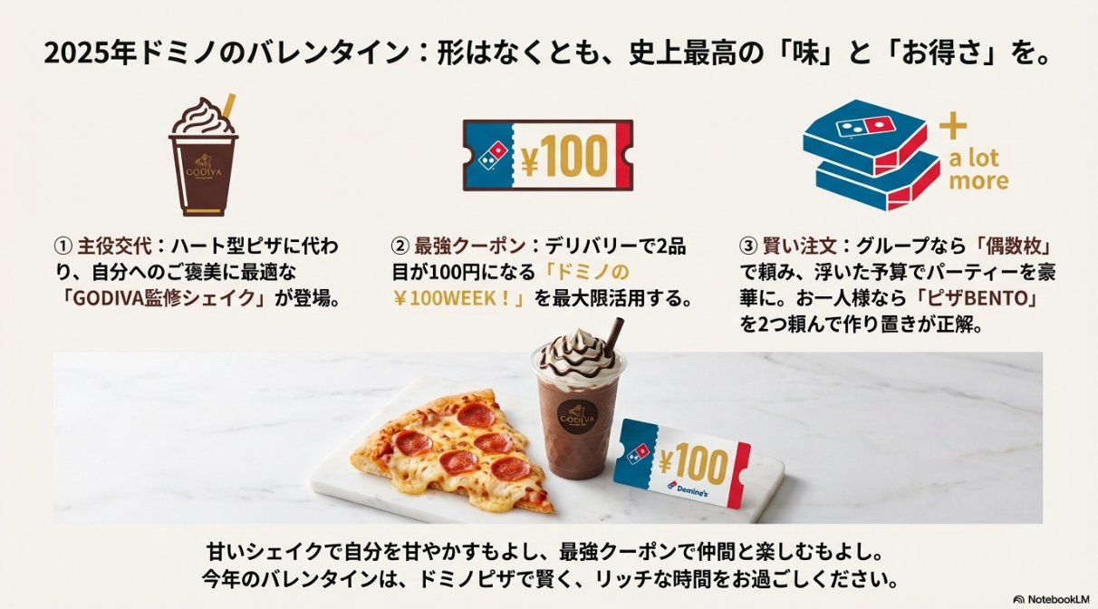 今年のポイントである「GODIVA監修シェイク」「100円ウィークの活用」「賢い注文方法」の3点をまとめたスライド。