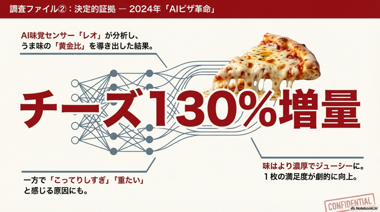 AIが導き出したうま味の黄金比により、チーズが130%増量されたことを示すグラフィック。