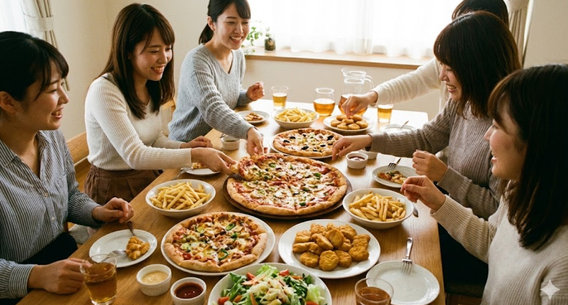 ホームパーティーの食卓に、Lサイズのピザ1枚とMサイズのピザ2枚、サイドメニューが並べられている様子。