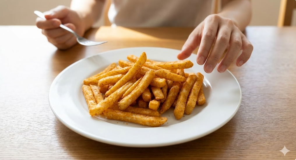 お皿に盛り付けられたピザハットのハットフライポテトMサイズ（約138g）の量目安