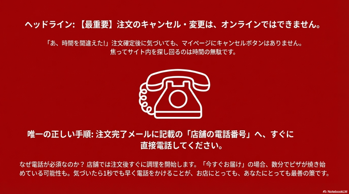 オンラインにはキャンセルボタンがないため、注文確定後の変更はすぐに店舗へ電話する必要があることを強調したイラスト。