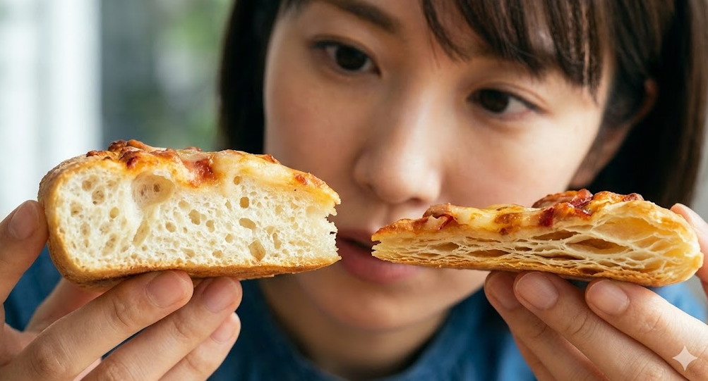 左側の厚みのある「パンピザ」と、右側の極薄の「ウルトラクリスピー」の断面比較。生地の質感とボリューム感の決定的な違いがクローズアップされている。