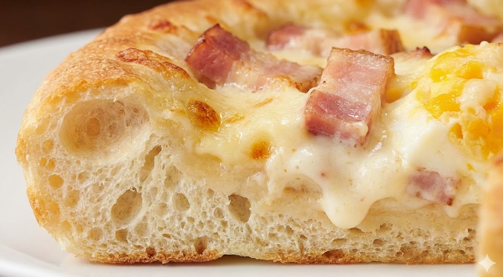 ピザハットの「ふっくらパンピザ」生地で作られた「とろっとカルボナーラピザ」の断面写真。厚みのあるパン生地にクリーミーなソースとベーコン、卵が染み込んでいる様子。
