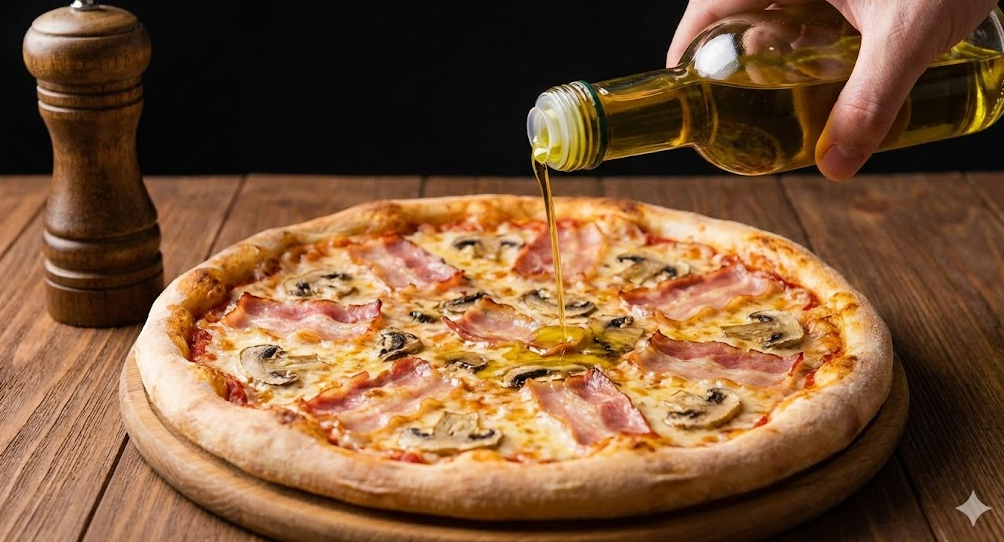 シンプルなピザにオリーブオイルをかけてアレンジを楽しむ様子。ブラックペッパーも添えられた食卓の風景