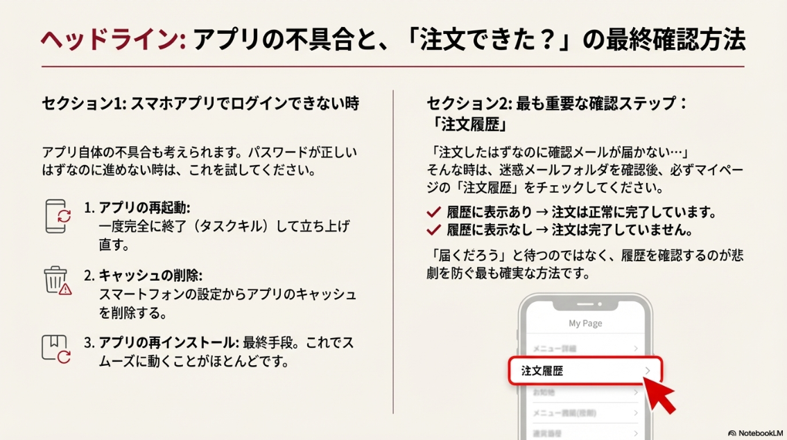 アプリの再起動やキャッシュ削除の手順と、注文が確定しているかを確認するためのマイページ注文履歴のチェック方法。