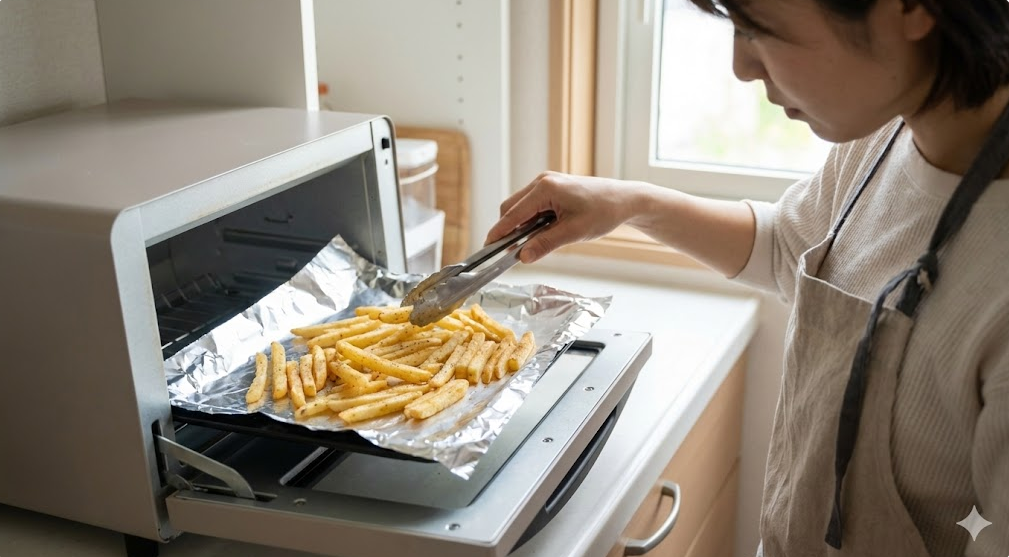 オーブントースターのトレイにしわを付けたアルミホイルを敷きポテトを並べた温め直しの様子