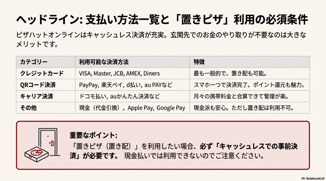 クレジットカードやQR決済などの対応状況と、置き配を利用するには事前決済が必須であることを説明したスライド。