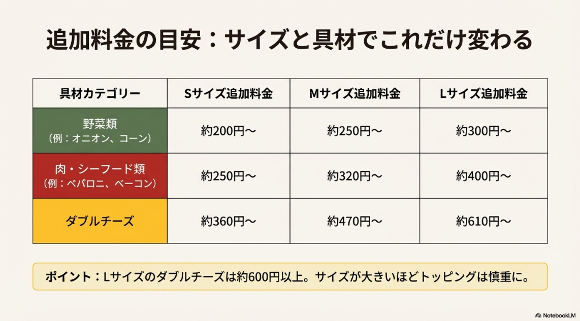 野菜類、肉・シーフード類、ダブルチーズの追加料金をS・M・Lサイズごとにまとめた価格目安表。