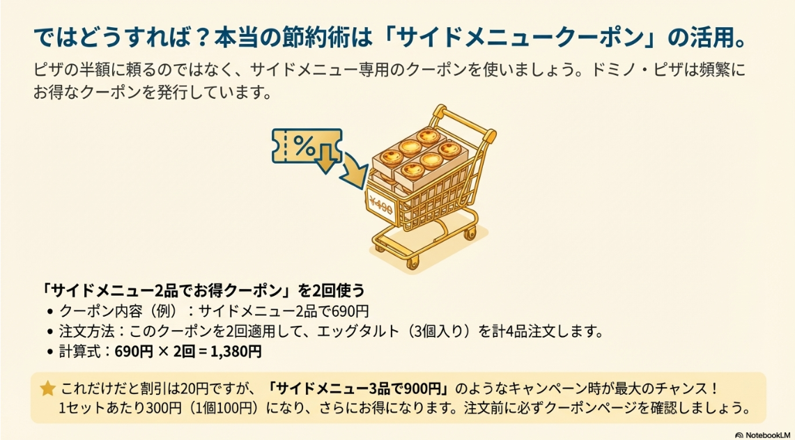 ドミノピザのサイドメニュー2品でお得になるクーポンを活用し、エッグタルトを安く購入するイメージ図