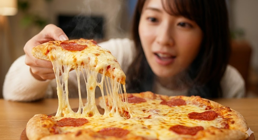 ダブルチーズを追加トッピングしたドミノピザのアメリカン。持ち上げられた一切れから、とろけたチーズがたっぷりと糸を引いて伸びている、熱々で濃厚な様子。