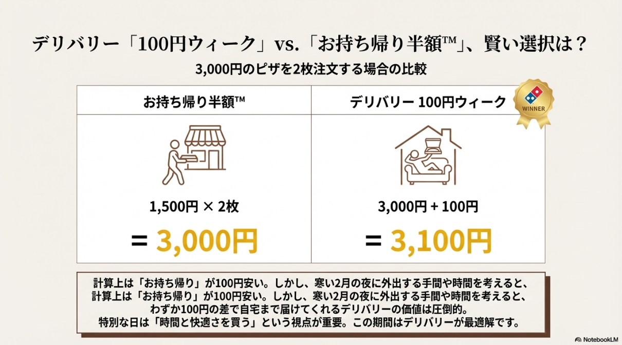 お持ち帰りとデリバリーの価格比較表。100円の差で自宅まで届けてくれるデリバリーの価値（WINNER）を推奨している図。